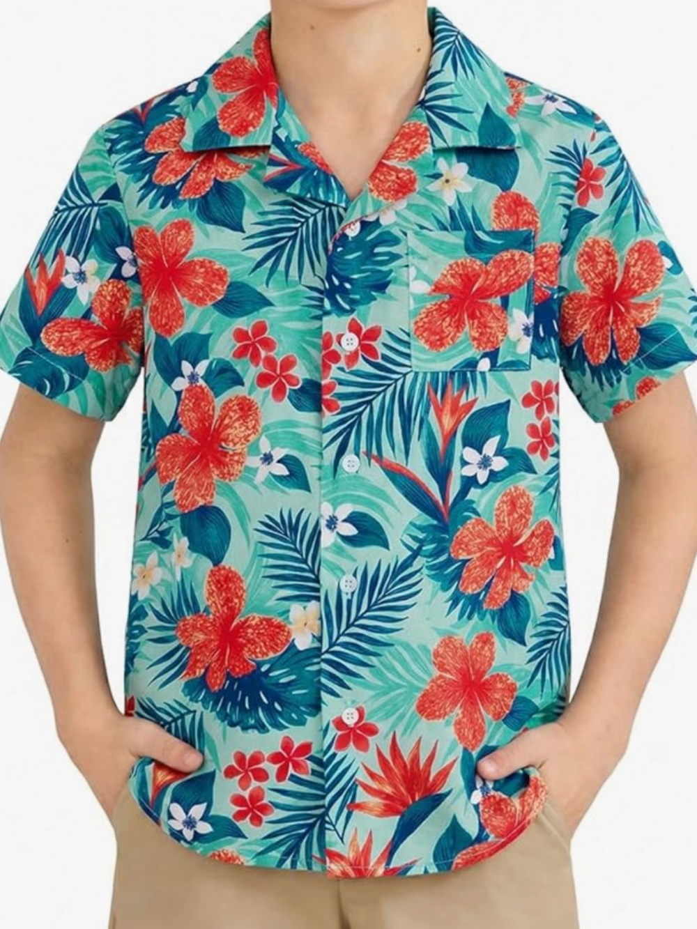 Boys Tropical Floral Button-Up Shirt in Aqua and Red - Lightweight Camp Collar
